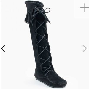 Tall black fringe Minnetonka lace up moccasins